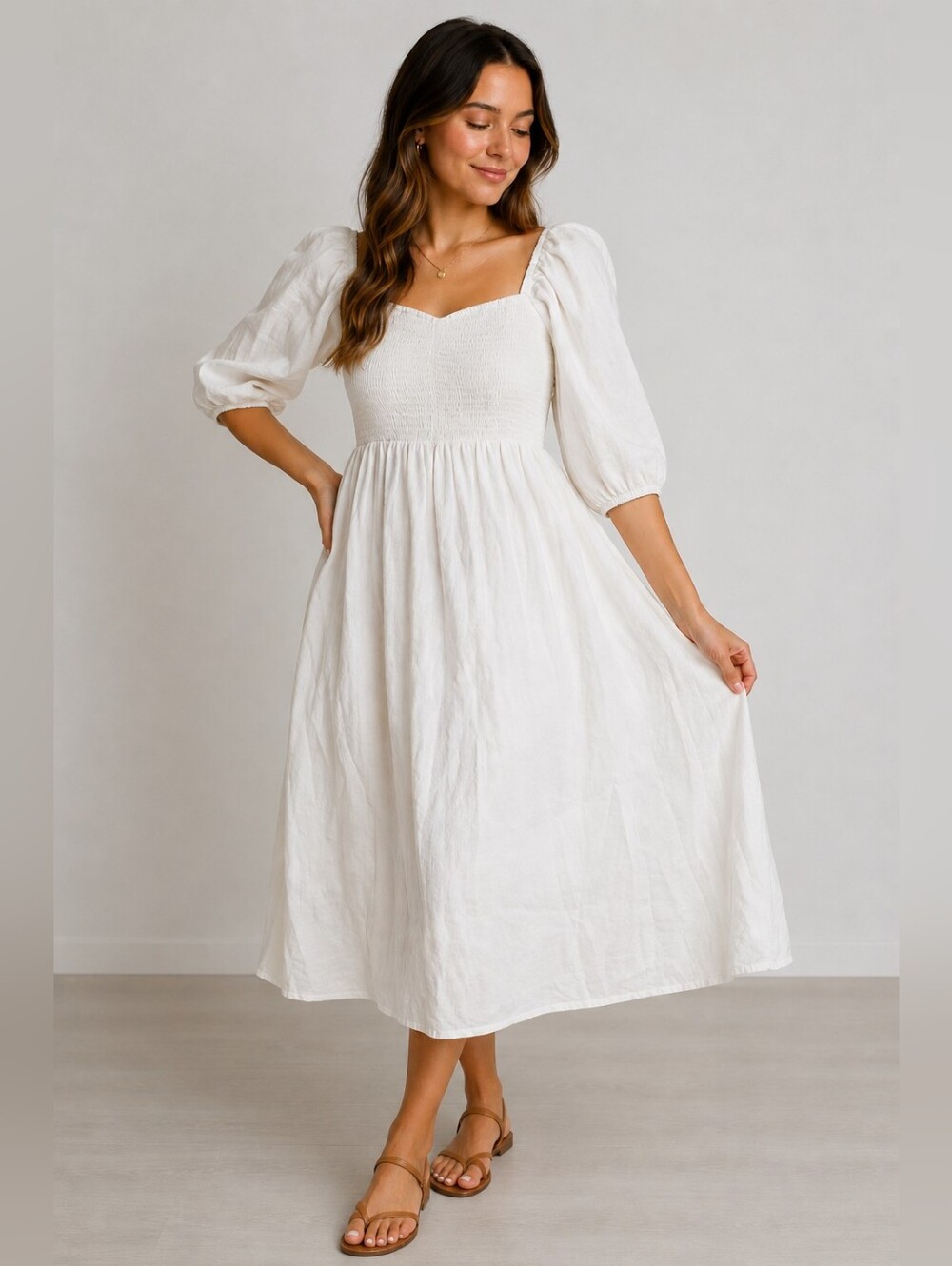 Lauren Conrad Linen White Puff-Sleeve Smocked Bodice Dress Large Cottagecore